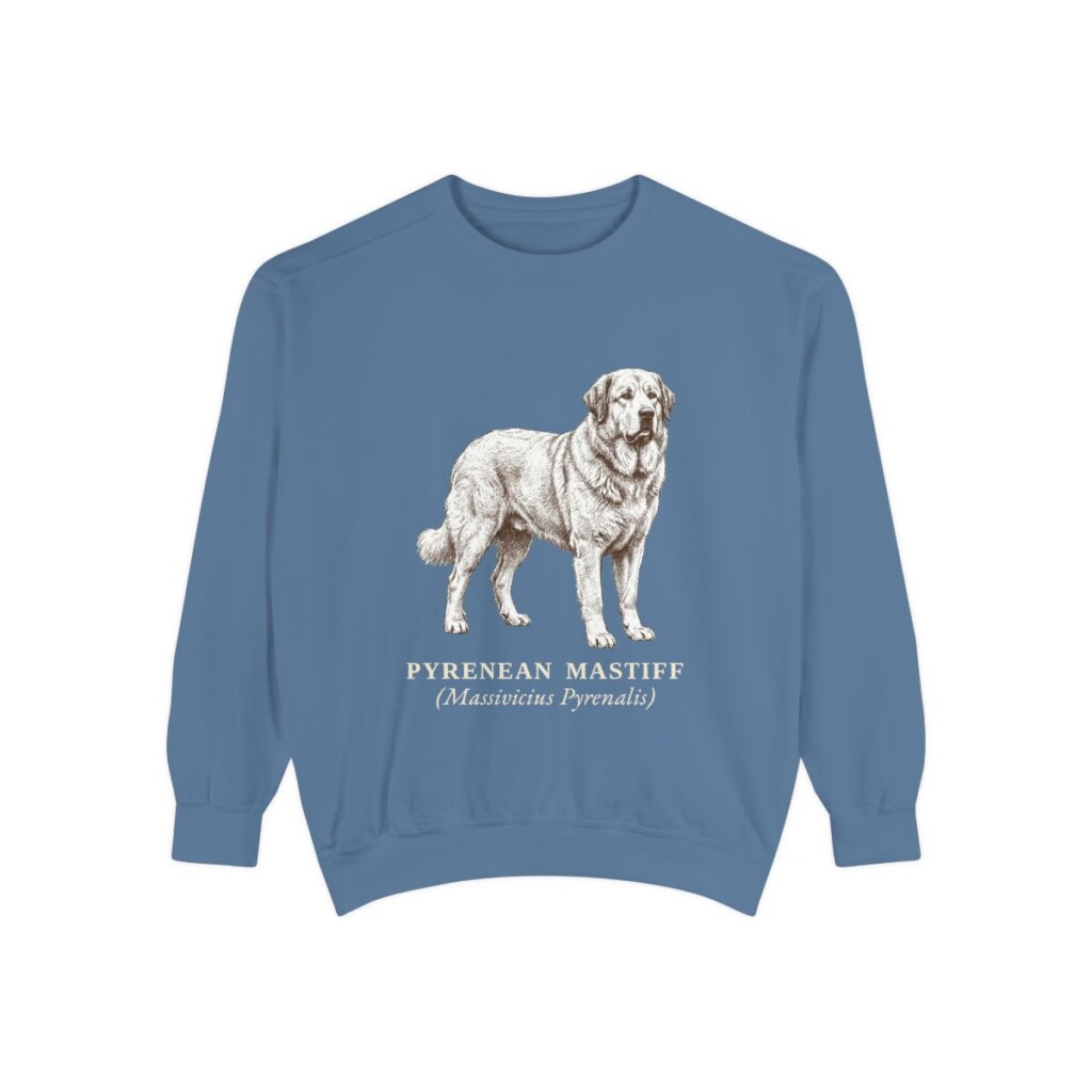 Pyrenean Mastiff Latin Sweatshirt, Blue Jean, front view