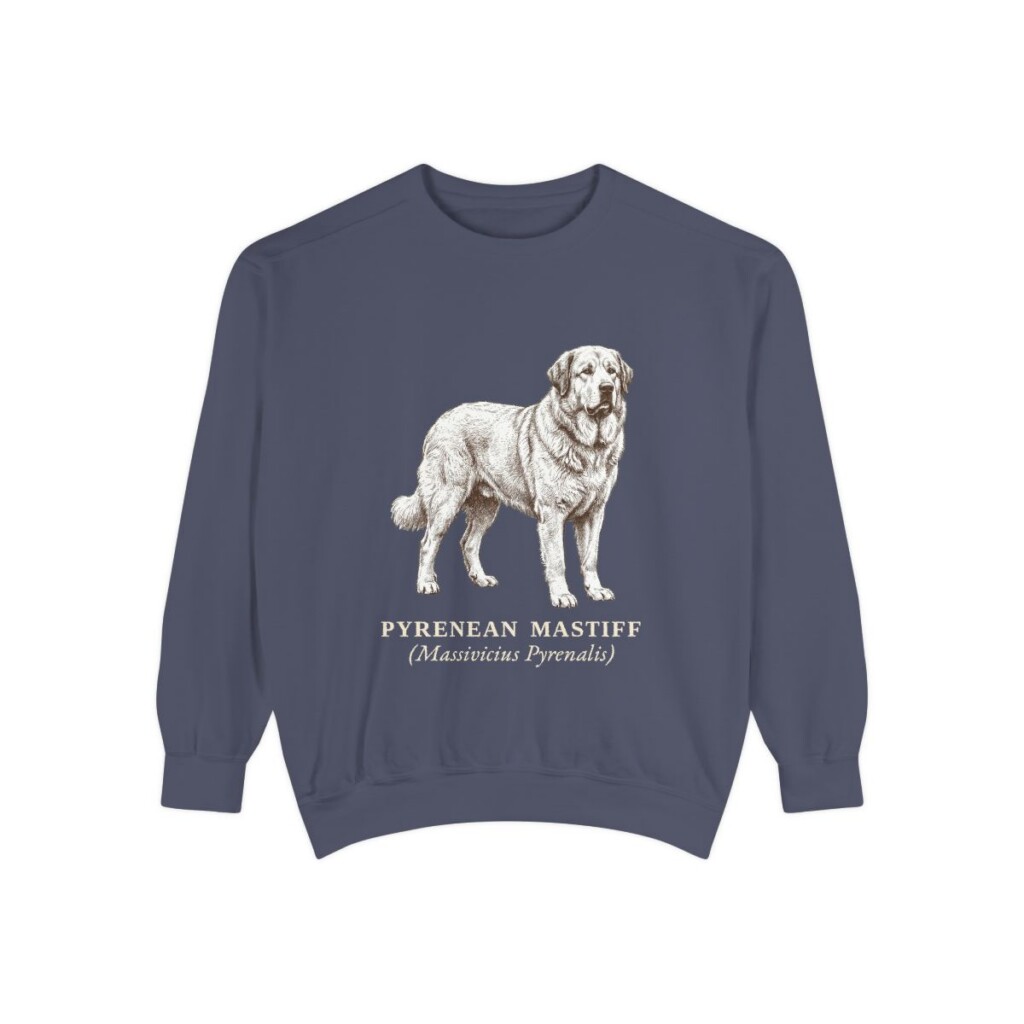 Pyrenean Mastiff Latin Sweatshirt, Denim, front view