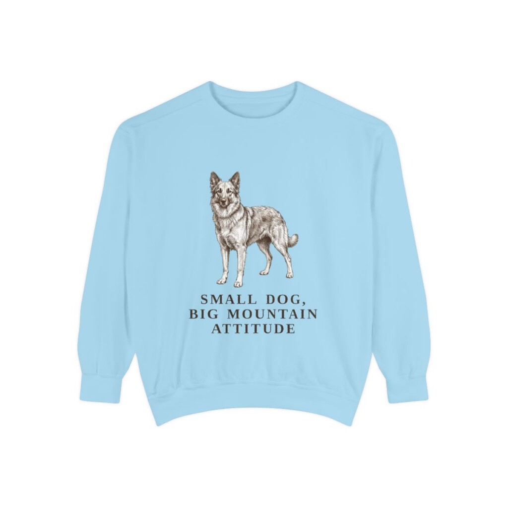 pyrenean-shepherd-sweatshirt-humor-chambray Pyrenean Shepherd Humor Sweatshirt, Chambray, front view