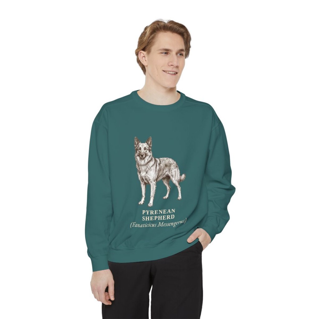 Pyrenean Shepherd Latin Sweatshirt, Blue Spruce, person 1 front
