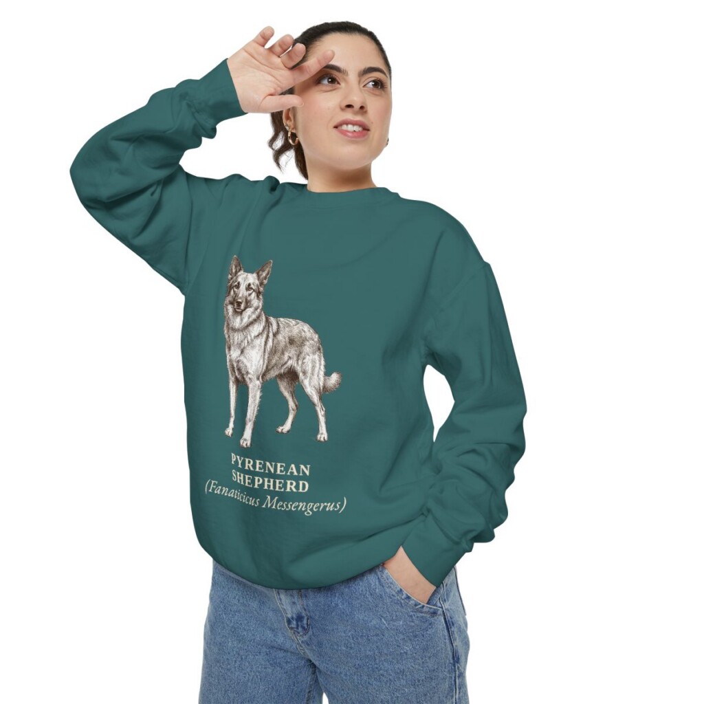 Pyrenean Shepherd Latin Sweatshirt, Blue Spruce, person 2 context
