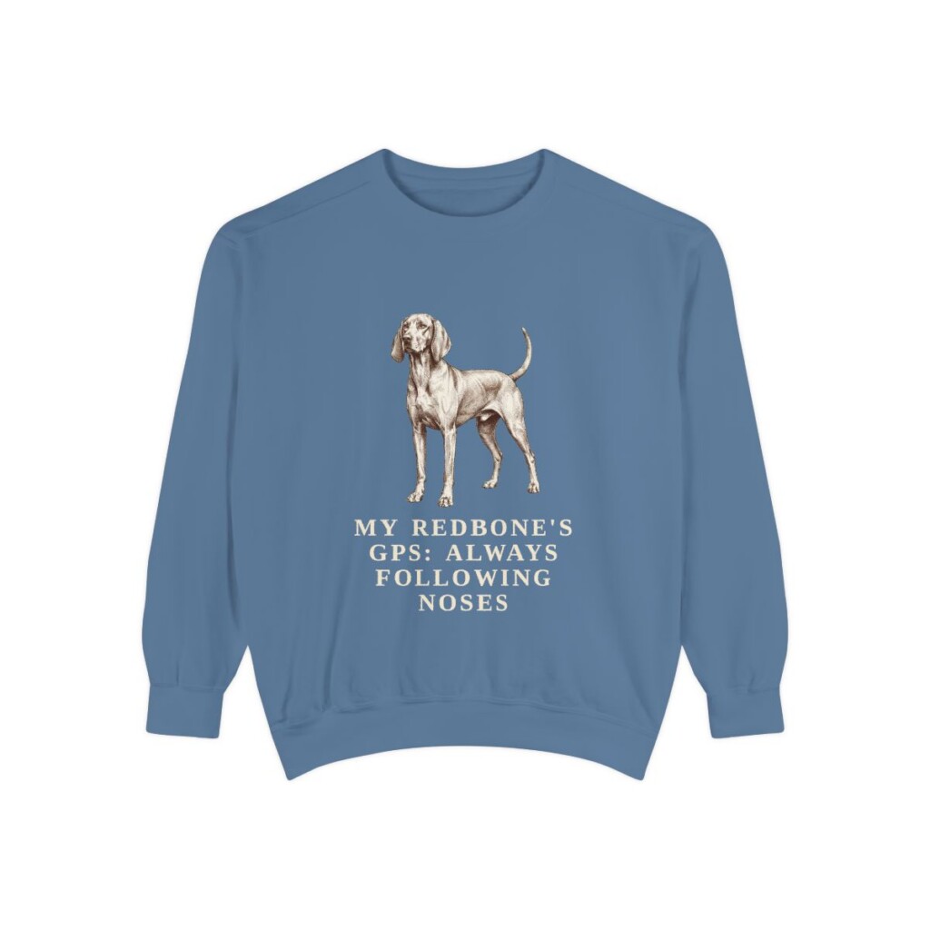 Redbone Coonhound Humor Sweatshirt, Blue Jean, front view
