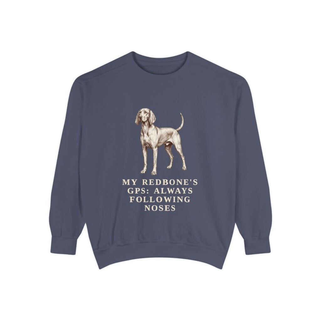 Redbone Coonhound Humor Sweatshirt, Denim, front view