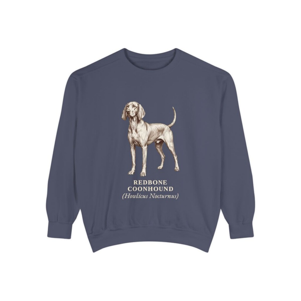 redbone-coonhound-sweatshirt-latin-denim Redbone Coonhound Latin Sweatshirt, Denim, front view