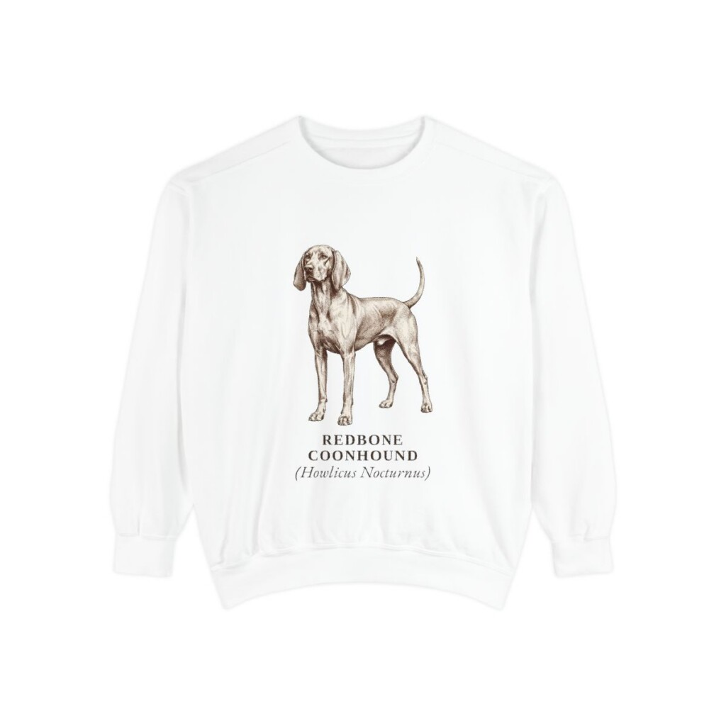 redbone-coonhound-sweatshirt-latin-white Redbone Coonhound Latin Sweatshirt, White, front view