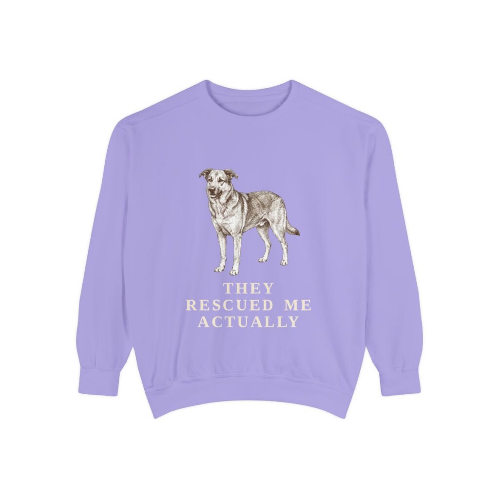 rescue-dog-sweatshirt-humor-violet Rescue Dog Humor Sweatshirt, Violet, front view