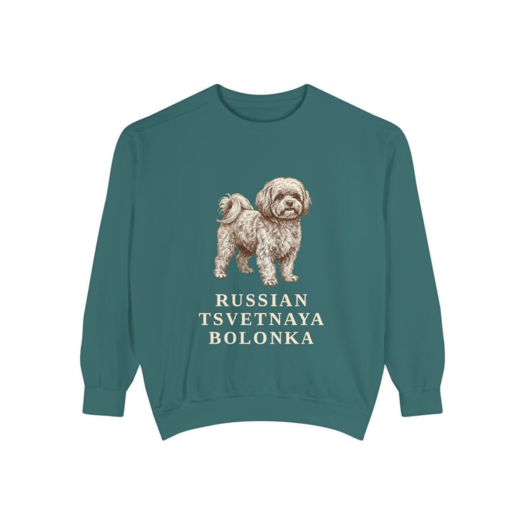 russian-tsvetnaya-bolonka-sweatshirt-blue-spruce Russian Tsvetnaya Bolonka Sweatshirt, Blue Spruce, front view