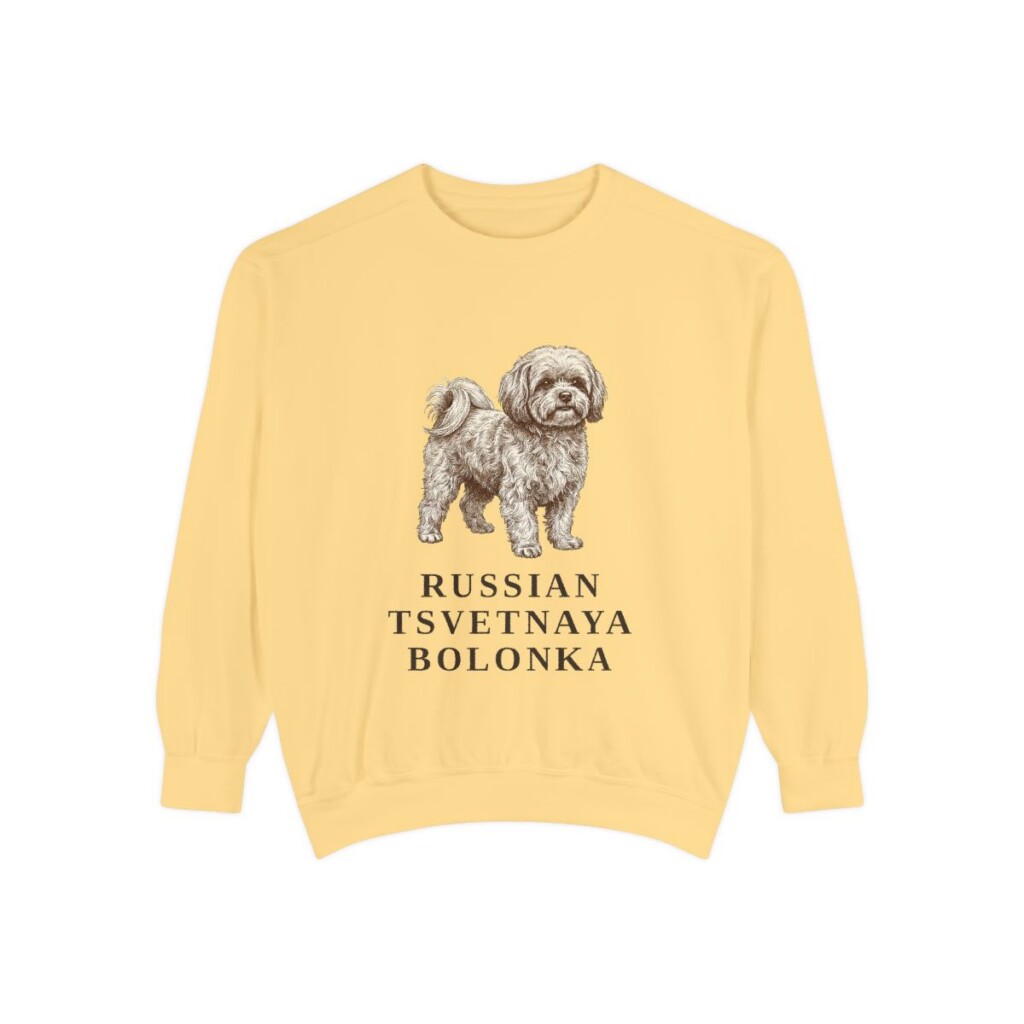 russian-tsvetnaya-bolonka-sweatshirt-butter Russian Tsvetnaya Bolonka Sweatshirt, Butter, front view