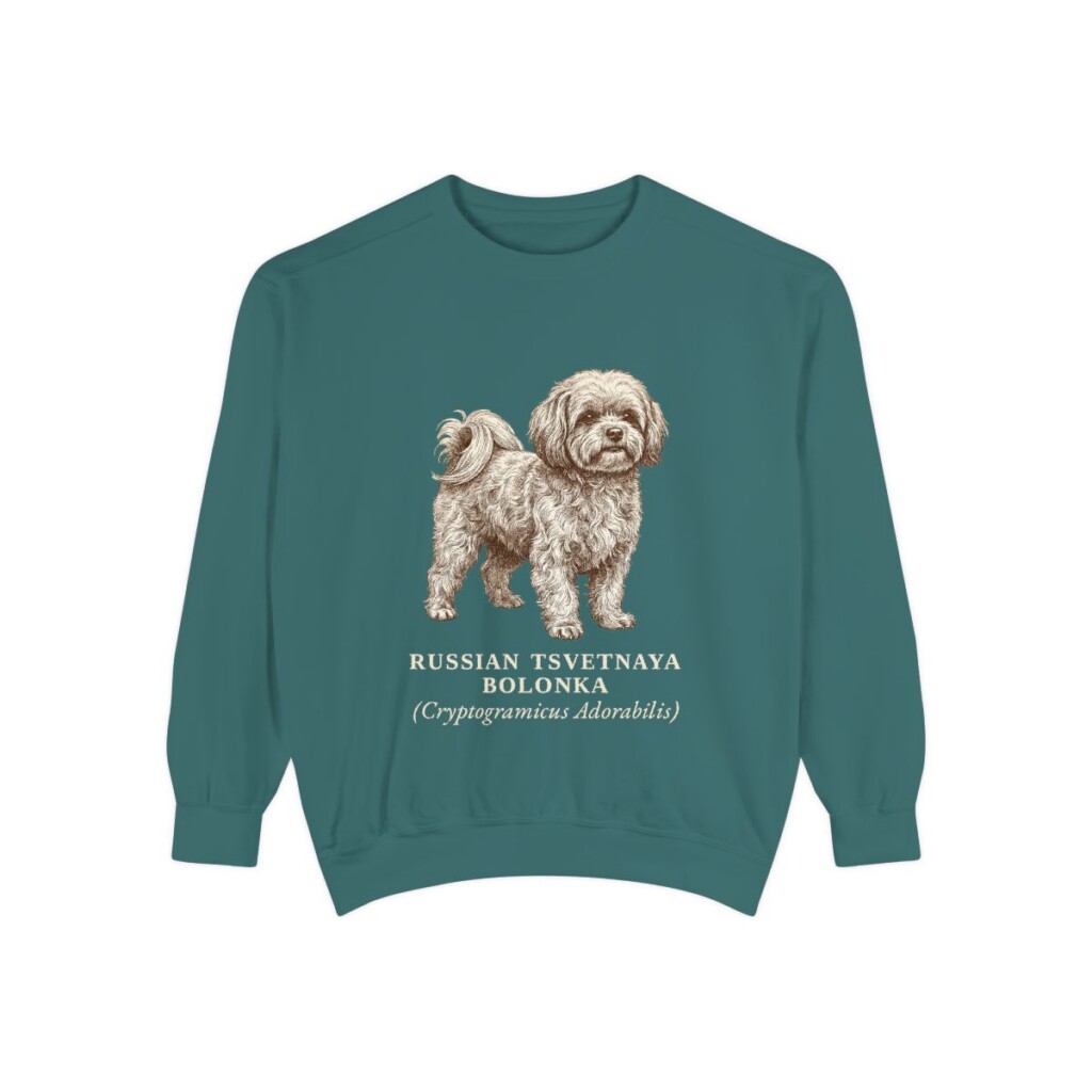 Russian Tsvetnaya Bolonka Latin Sweatshirt, Blue Spruce, front view