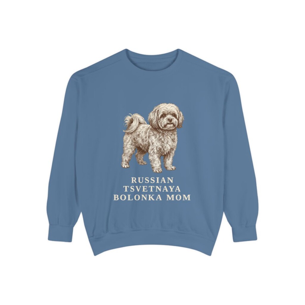 Russian Tsvetnaya Bolonka Mom Sweatshirt, Blue Jean, front view