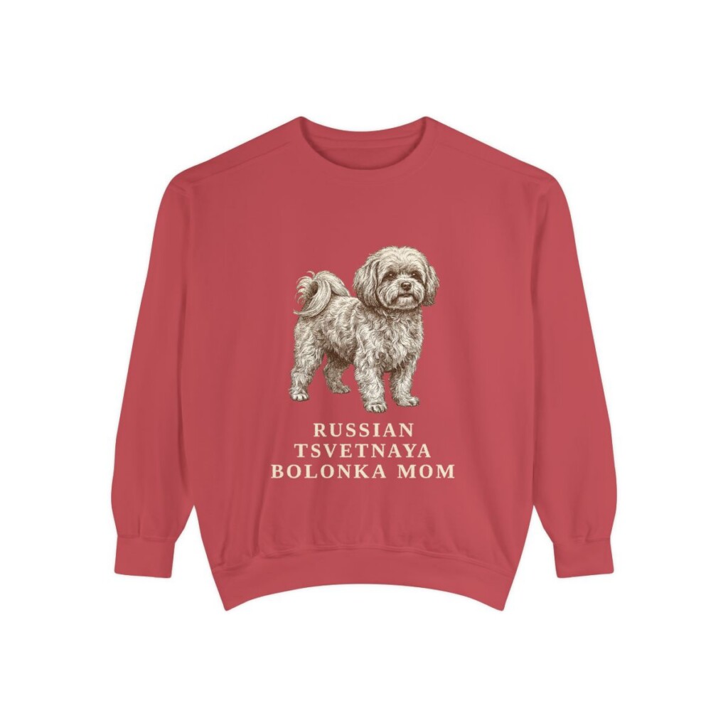 Russian Tsvetnaya Bolonka Mom Sweatshirt, Crimson, front view
