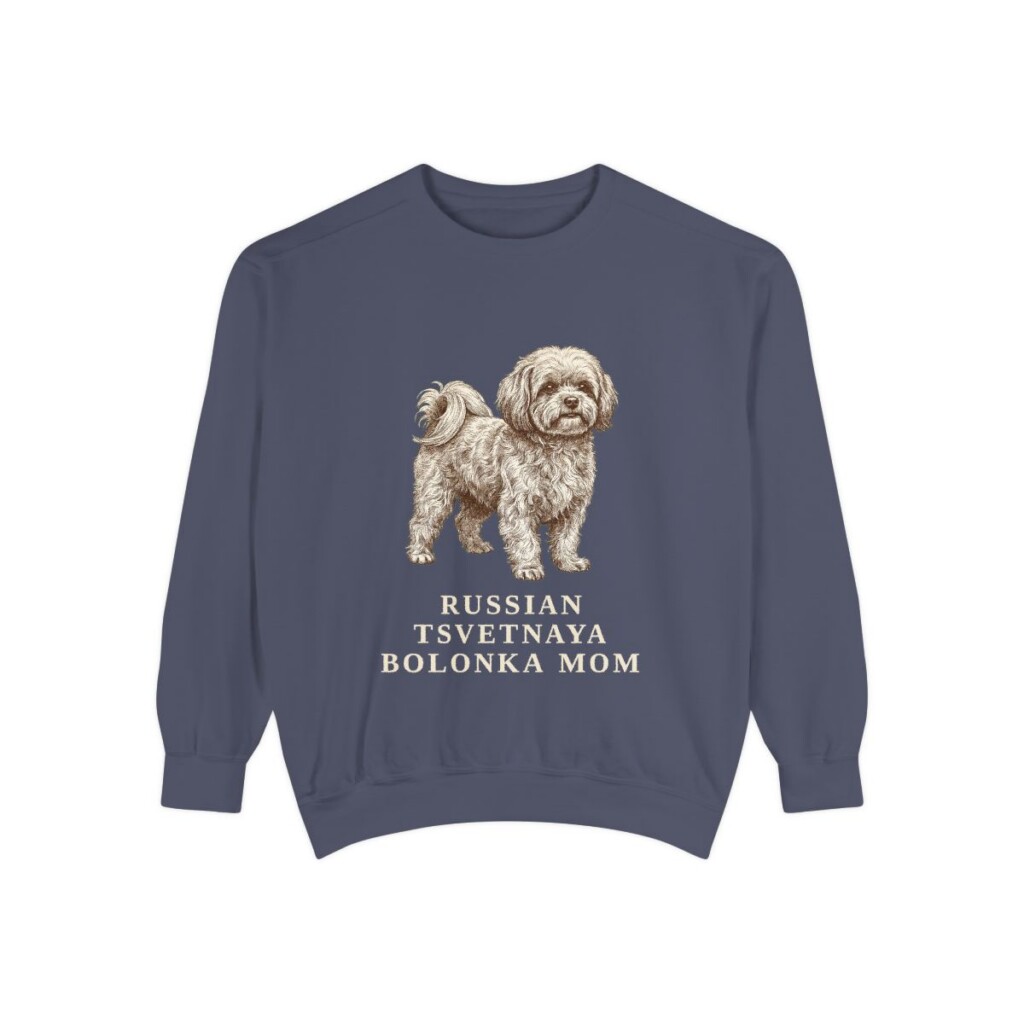 Russian Tsvetnaya Bolonka Mom Sweatshirt, Denim, front view