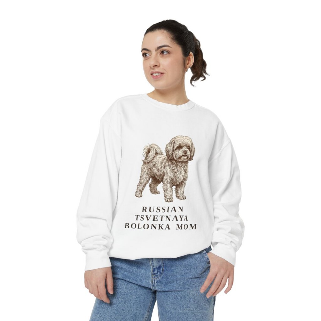 Russian Tsvetnaya Bolonka Mom Sweatshirt, White, person 2 front
