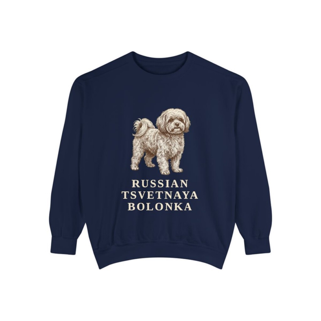 russian-tsvetnaya-bolonka-sweatshirt-true-navy Russian Tsvetnaya Bolonka Sweatshirt, True Navy, front view