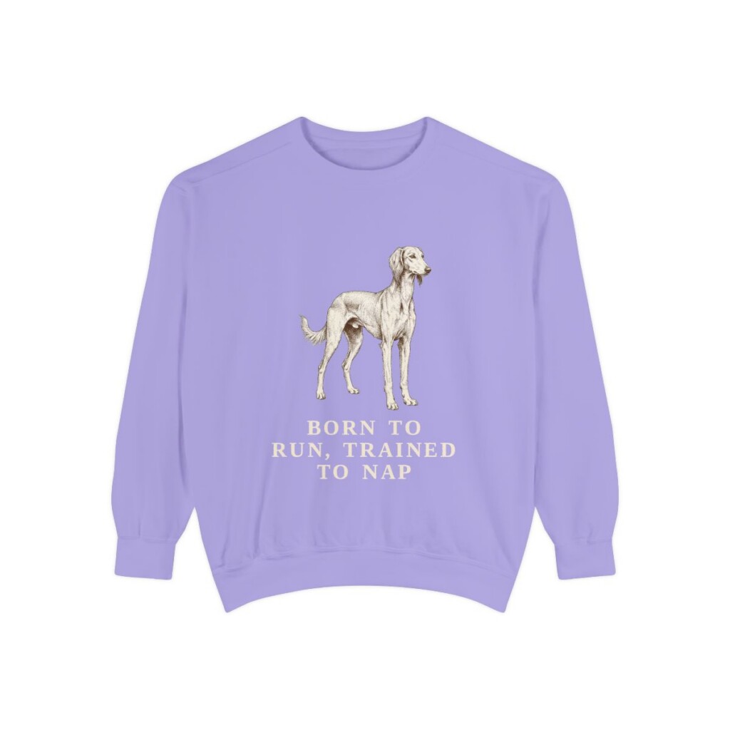 saluki-sweatshirt-humor-violet Saluki Humor Sweatshirt, Violet, front view