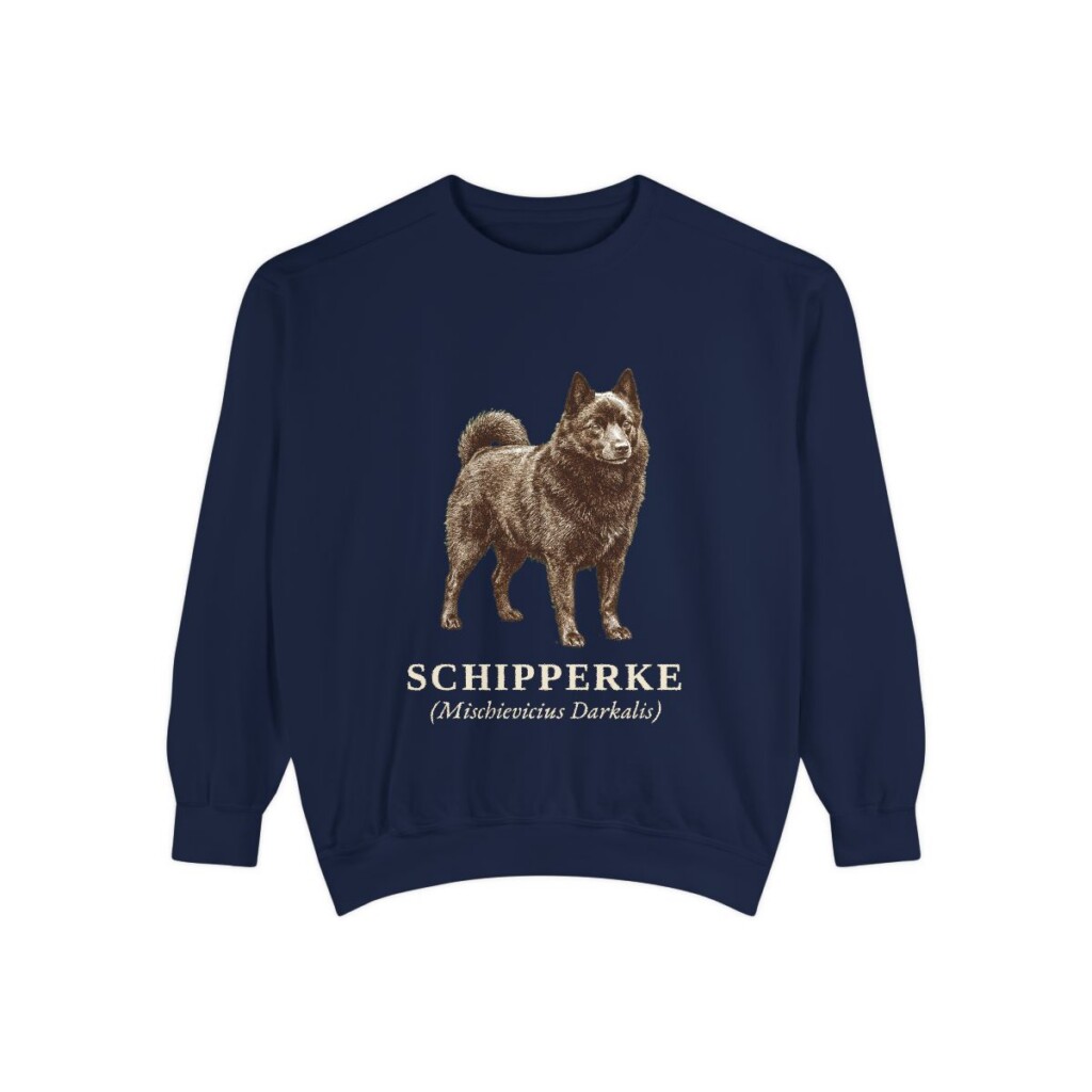 schipperke-sweatshirt-latin-true-navy Schipperke Latin Sweatshirt, True Navy, front view