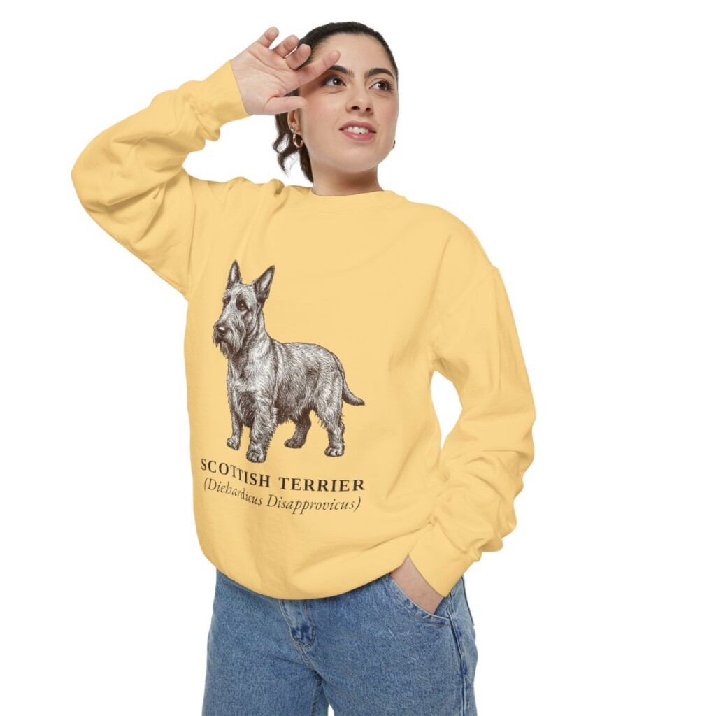 Scottish Terrier Latin Sweatshirt, Butter, person 2 context