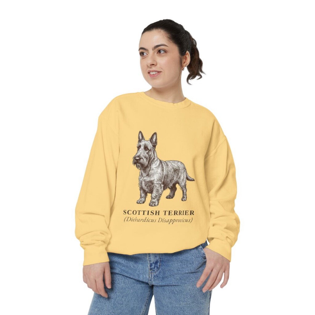 Scottish Terrier Latin Sweatshirt, Butter, person 2 front