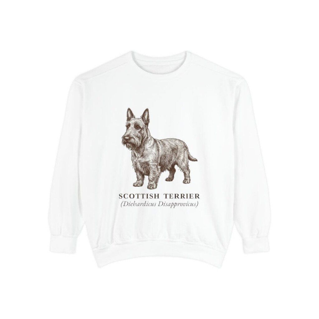 Scottish Terrier Latin Sweatshirt, White, front view
