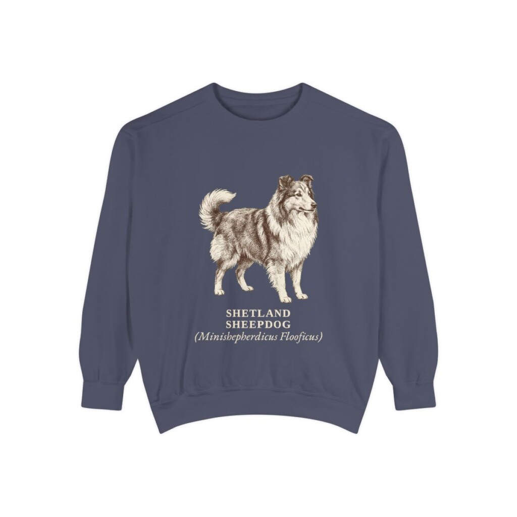 Shetland Sheepdog Latin Sweatshirt, Denim, front view