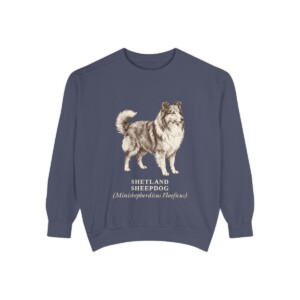 Shetland Sheepdog Latin Sweatshirt, Denim, front view