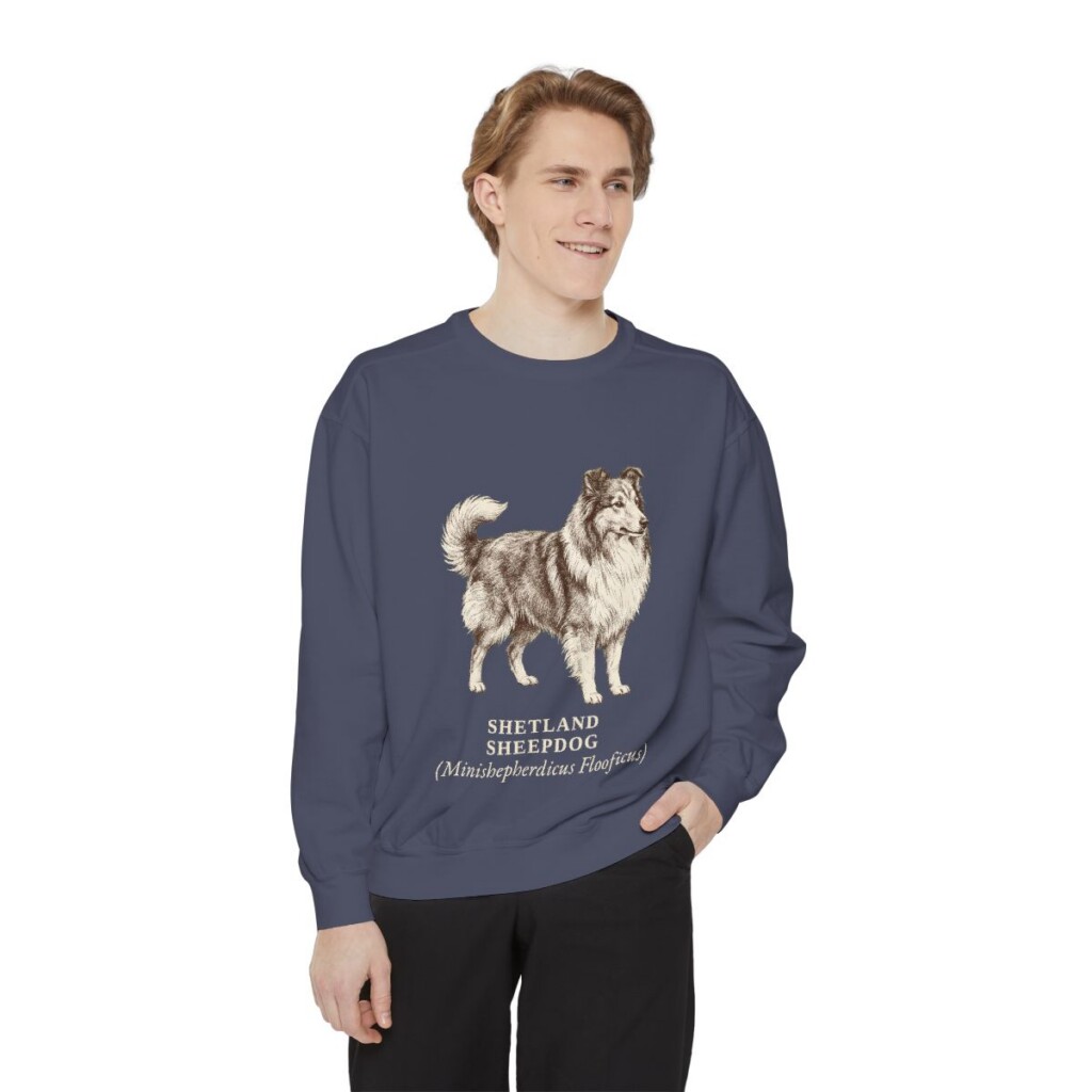 Shetland Sheepdog Latin Sweatshirt, Denim, person 1 front