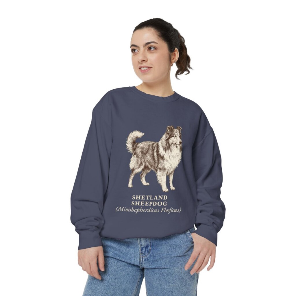 Shetland Sheepdog Latin Sweatshirt, Denim, person 2 front