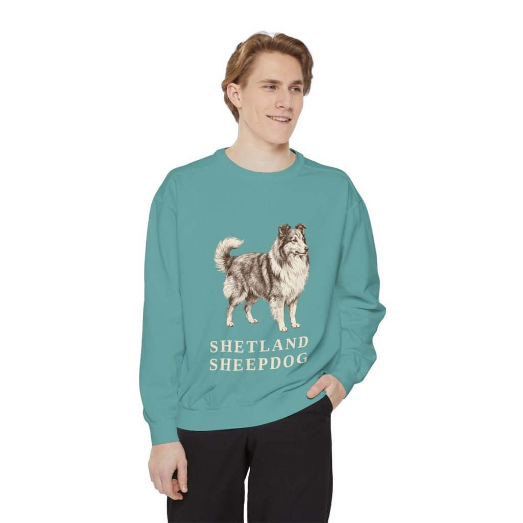 Shetland Sheepdog Sweatshirt, Seafoam, person 1 front