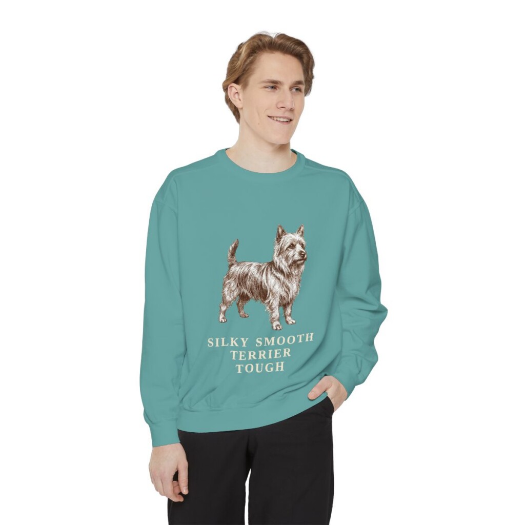 Silky Terrier Humor Sweatshirt, Seafoam, person 1 front