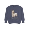 skye-terrier-sweatshirt-latin-denim Skye Terrier Latin Sweatshirt, Denim, front view