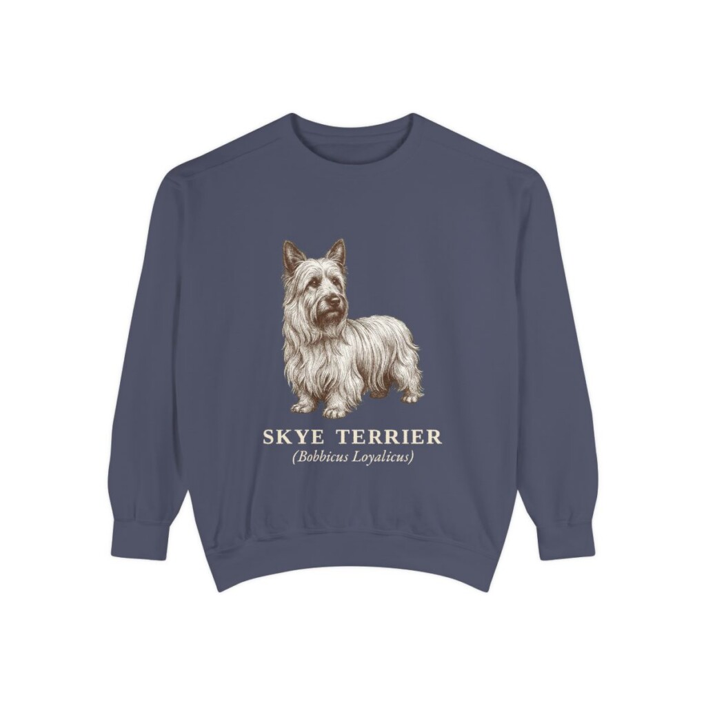 skye-terrier-sweatshirt-latin-denim Skye Terrier Latin Sweatshirt, Denim, front view