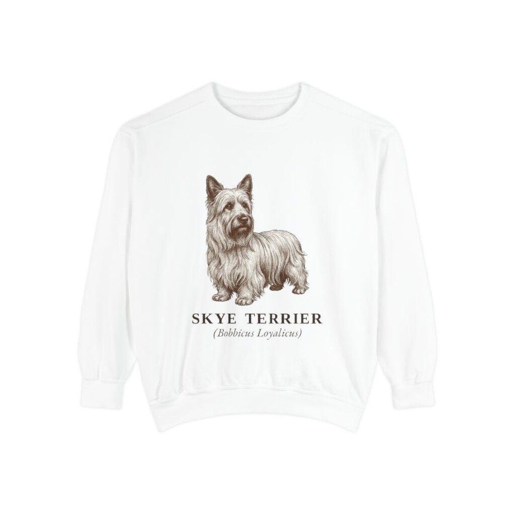 skye-terrier-sweatshirt-latin-white Skye Terrier Latin Sweatshirt, White, front view