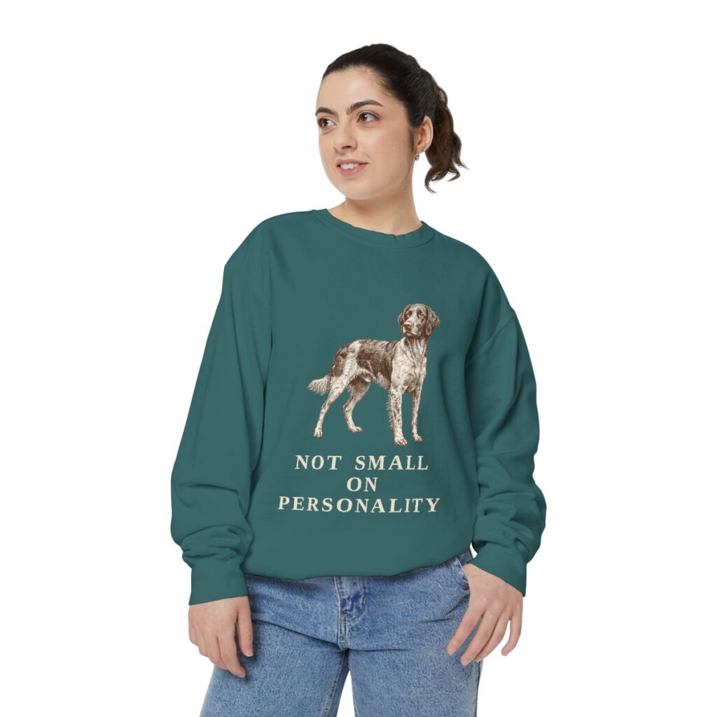 small-munsterlander-sweatshirt-humor-blue-spruce-person-2-front Small Munsterlander Humor Sweatshirt, Blue Spruce, person 2 front