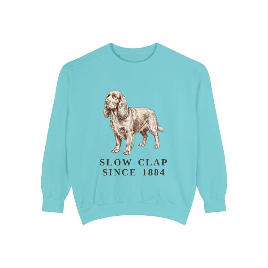 Sussex Spaniel Humor Sweatshirt, Chalky Mint, front view