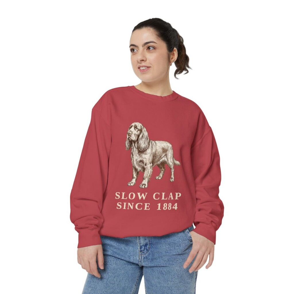 Sussex Spaniel Humor Sweatshirt, Crimson, person 2 front