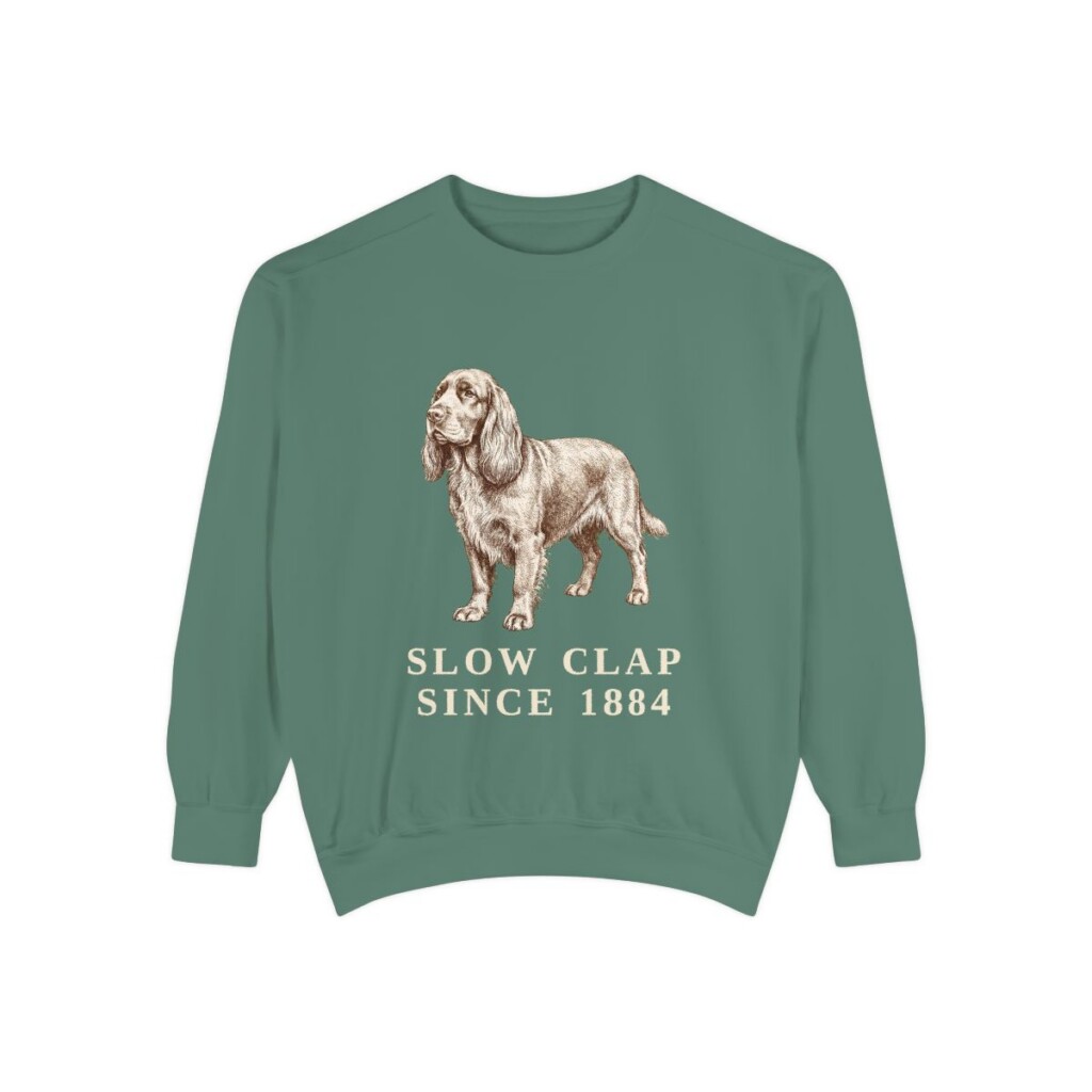 Sussex Spaniel Humor Sweatshirt, Light Green, front view