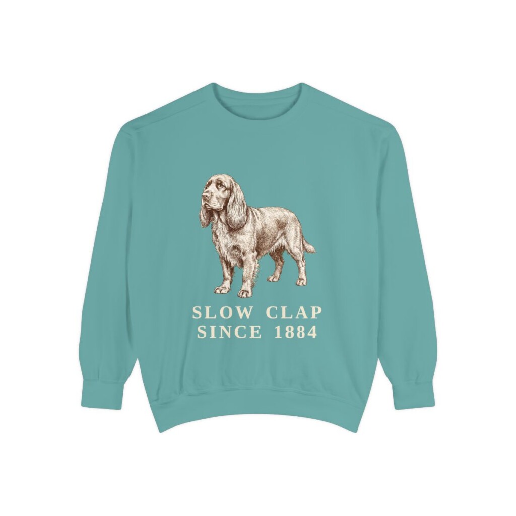 Sussex Spaniel Humor Sweatshirt, Seafoam, front view