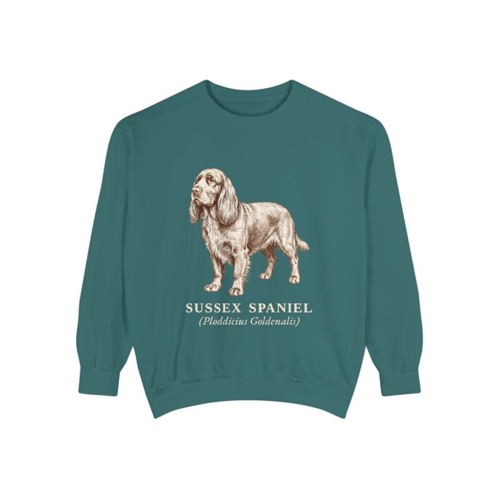 sussex-spaniel-sweatshirt-latin-blue-spruce-1 Sussex Spaniel Latin Sweatshirt, Blue Spruce, front view