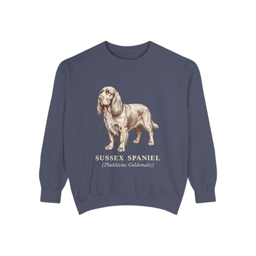 sussex-spaniel-sweatshirt-latin-denim-1 Sussex Spaniel Latin Sweatshirt, Denim, front view