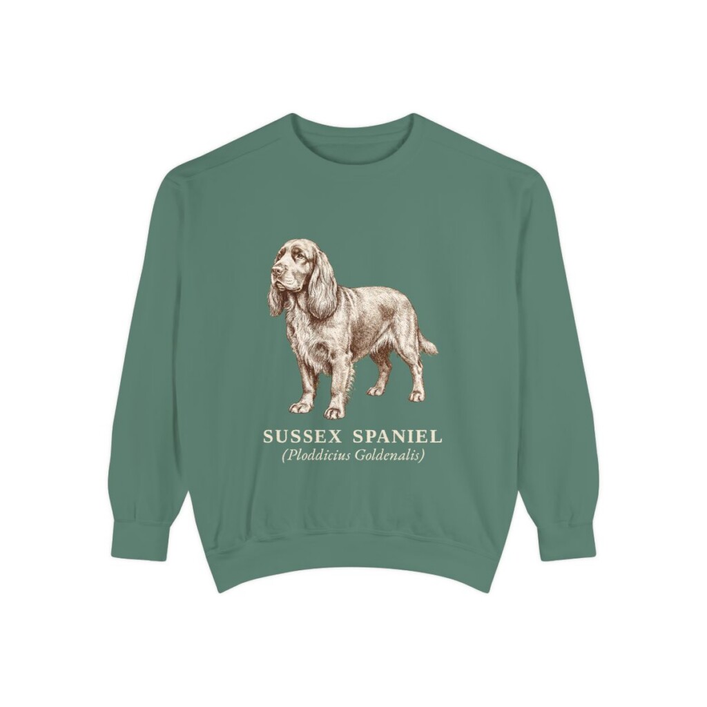 sussex-spaniel-sweatshirt-latin-light-green-1 Sussex Spaniel Latin Sweatshirt, Light Green, front view