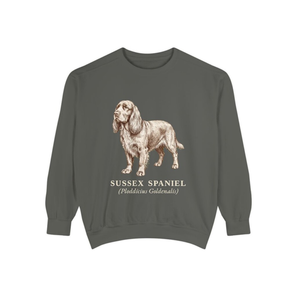 sussex-spaniel-sweatshirt-latin-pepper-1 Sussex Spaniel Latin Sweatshirt, Pepper, front view