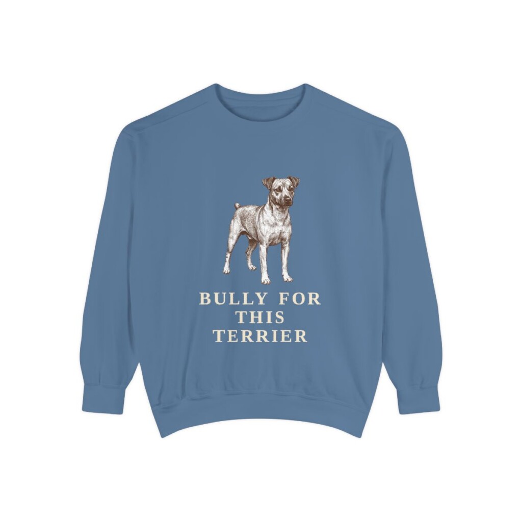 Teddy Roosevelt Terrier Humor Sweatshirt, Blue Jean, front view