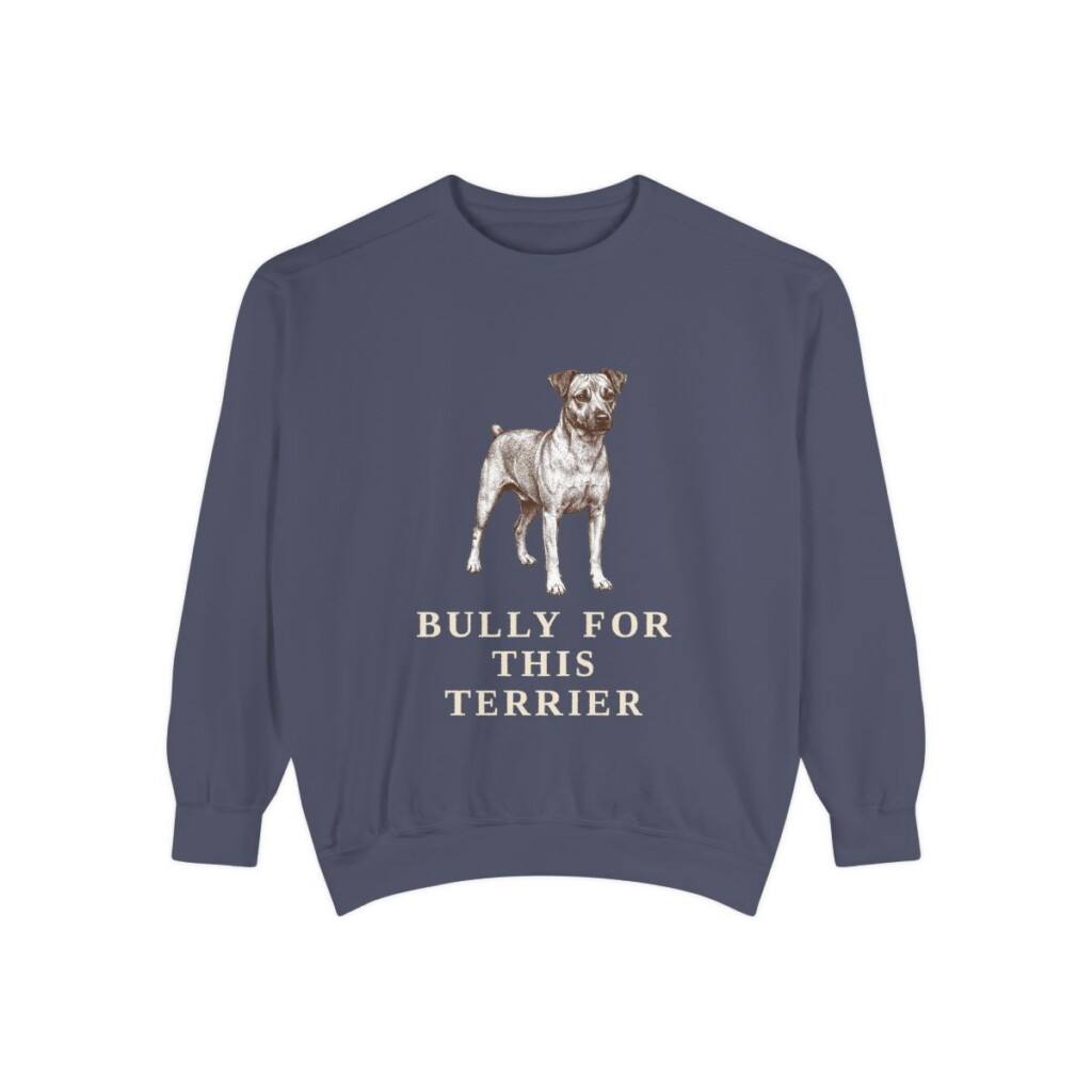 Teddy Roosevelt Terrier Humor Sweatshirt, Denim, front view