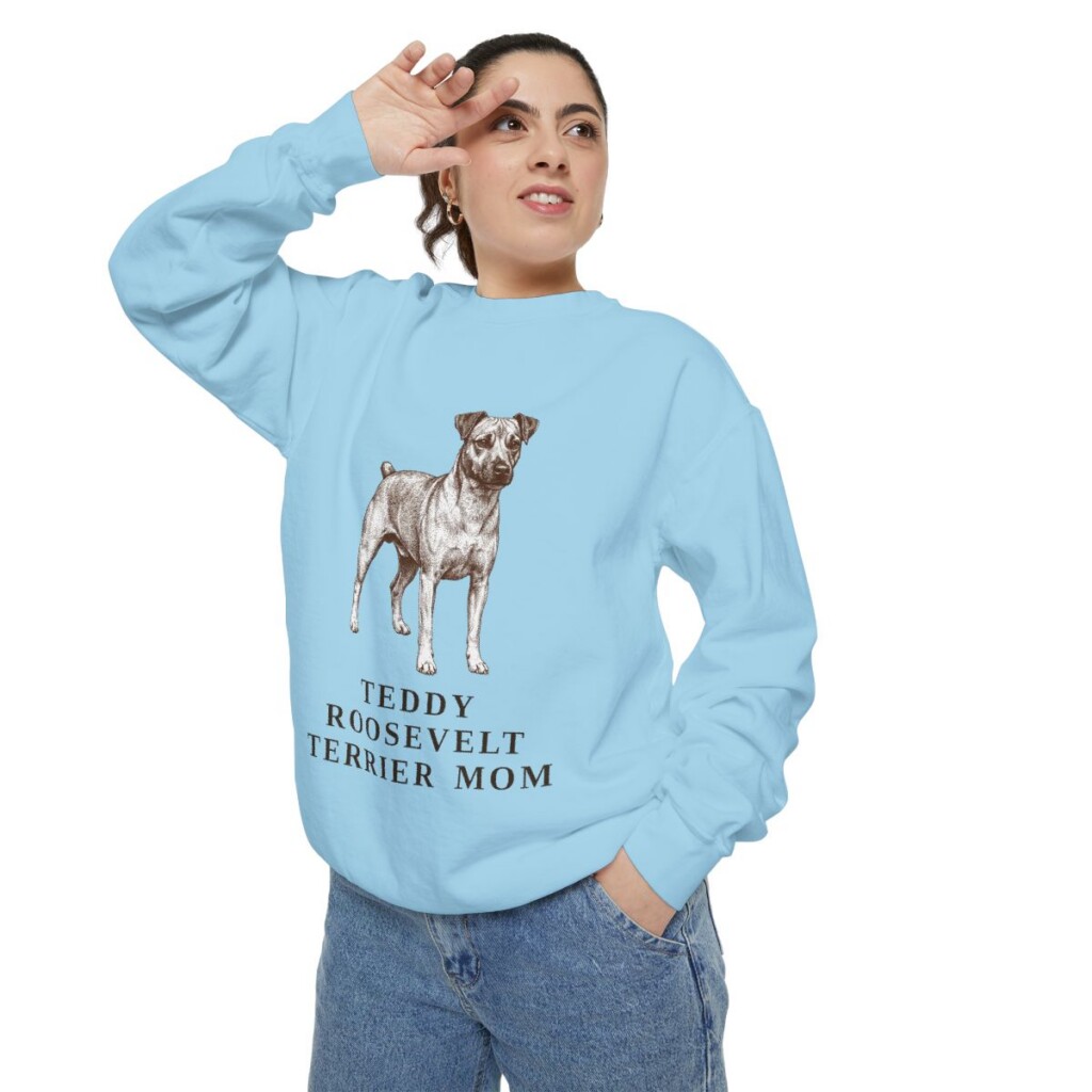 Teddy Roosevelt Terrier Mom Sweatshirt, Chambray, person 2 context