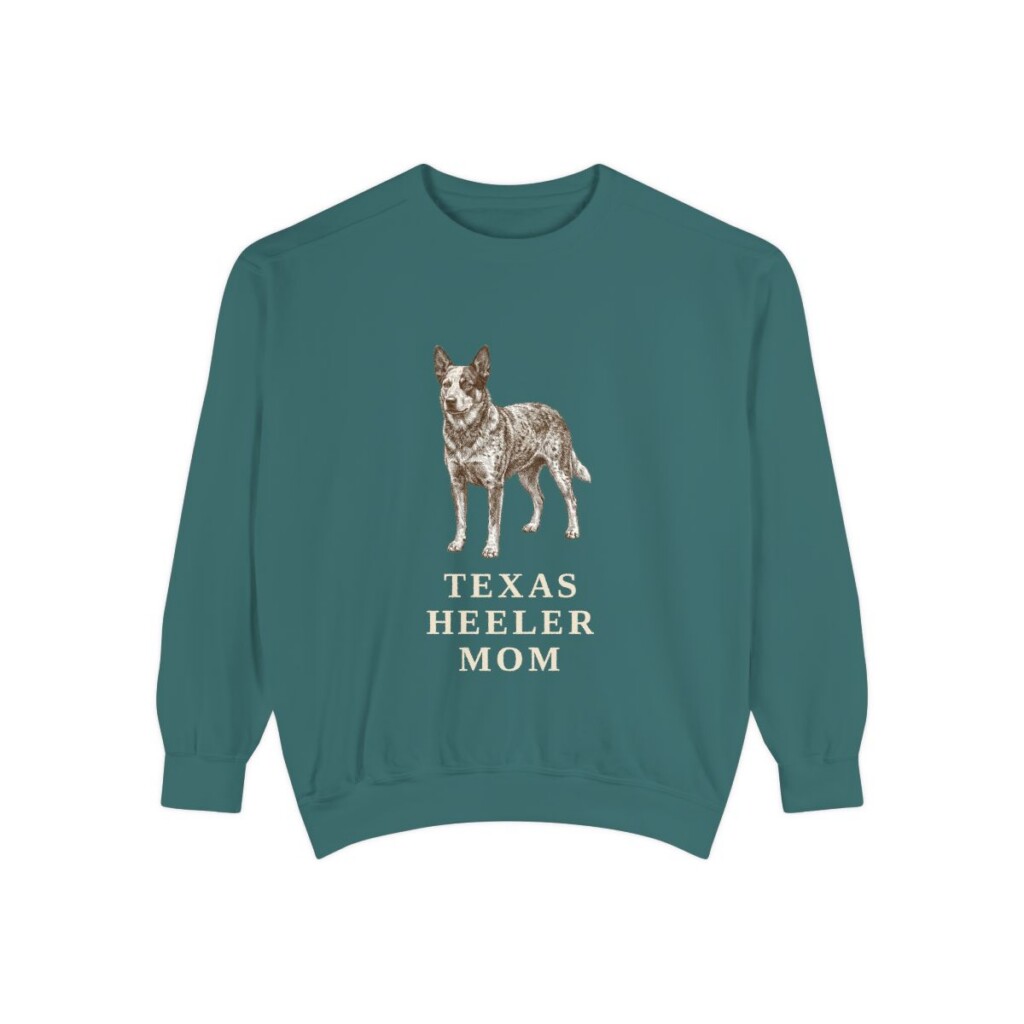 texas-heeler-sweatshirt-mom-blue-spruce Texas Heeler Mom Sweatshirt, Blue Spruce, front view