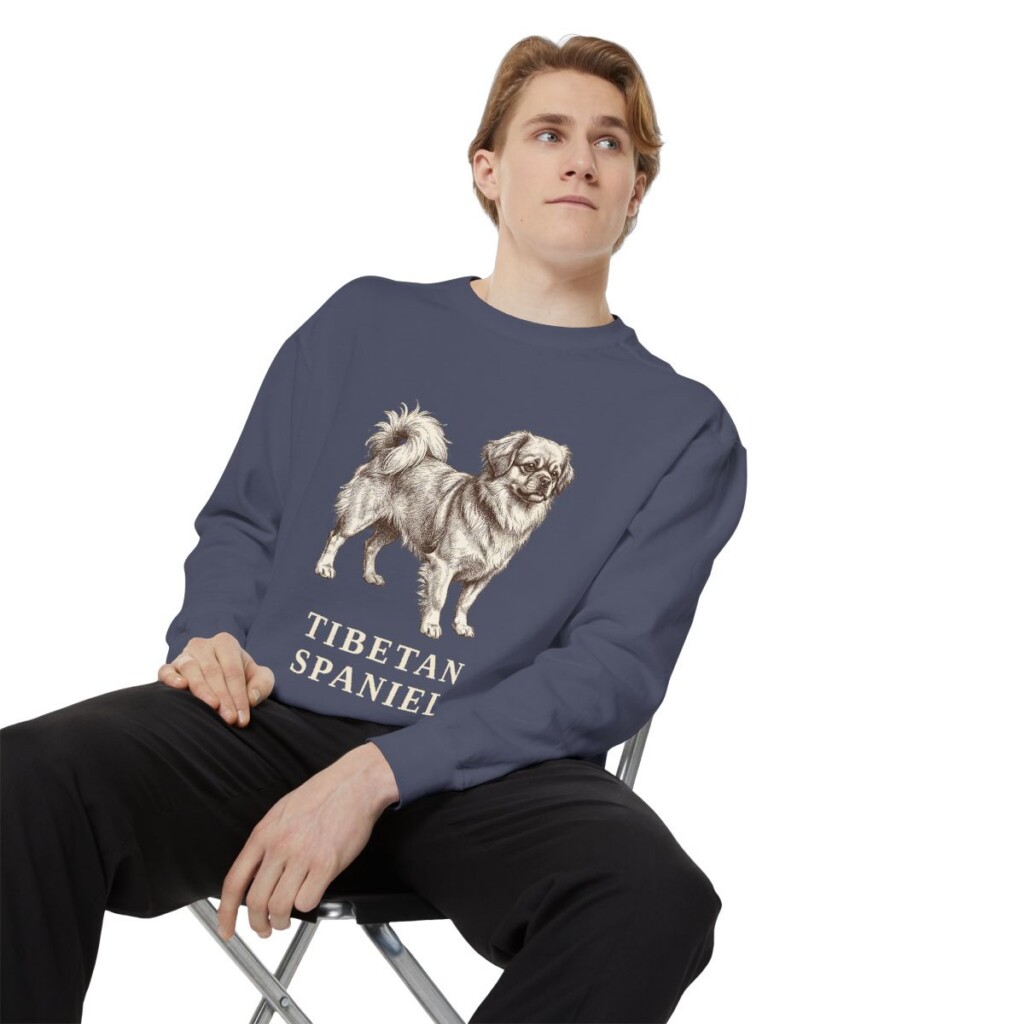 Tibetan Spaniel Sweatshirt, Denim, person 1 context