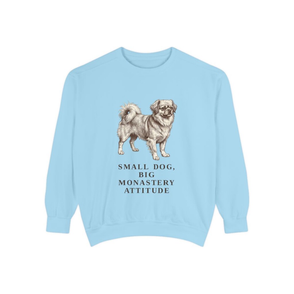 Tibetan Spaniel Humor Sweatshirt, Chambray, front view