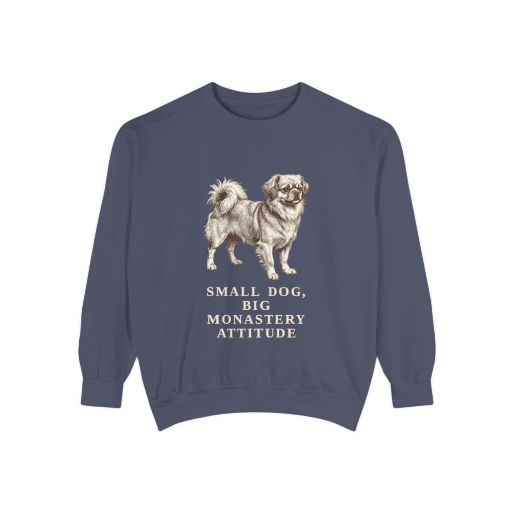 Tibetan Spaniel Humor Sweatshirt, Denim, front view