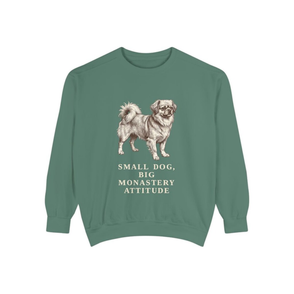 Tibetan Spaniel Humor Sweatshirt, Light Green, front view