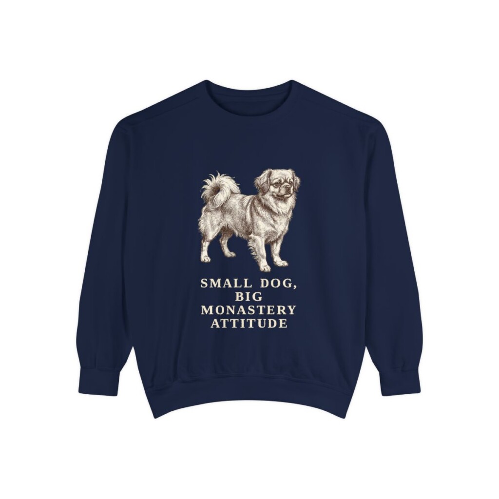 Tibetan Spaniel Humor Sweatshirt, True Navy, front view